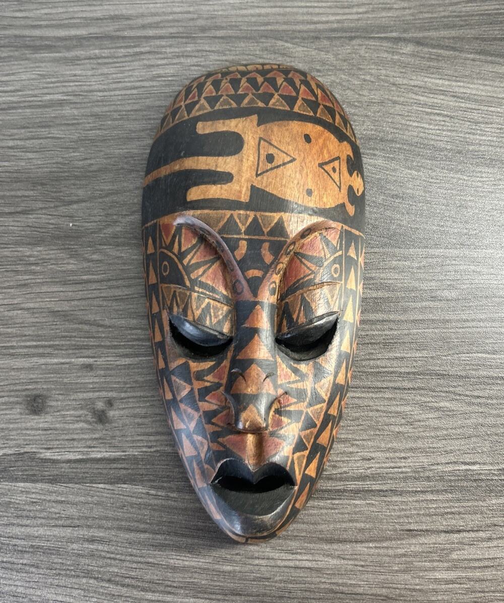 Carved Wood Mask Indonesia Vintage Geometric Painted Wall Hanging 7.5 Inch